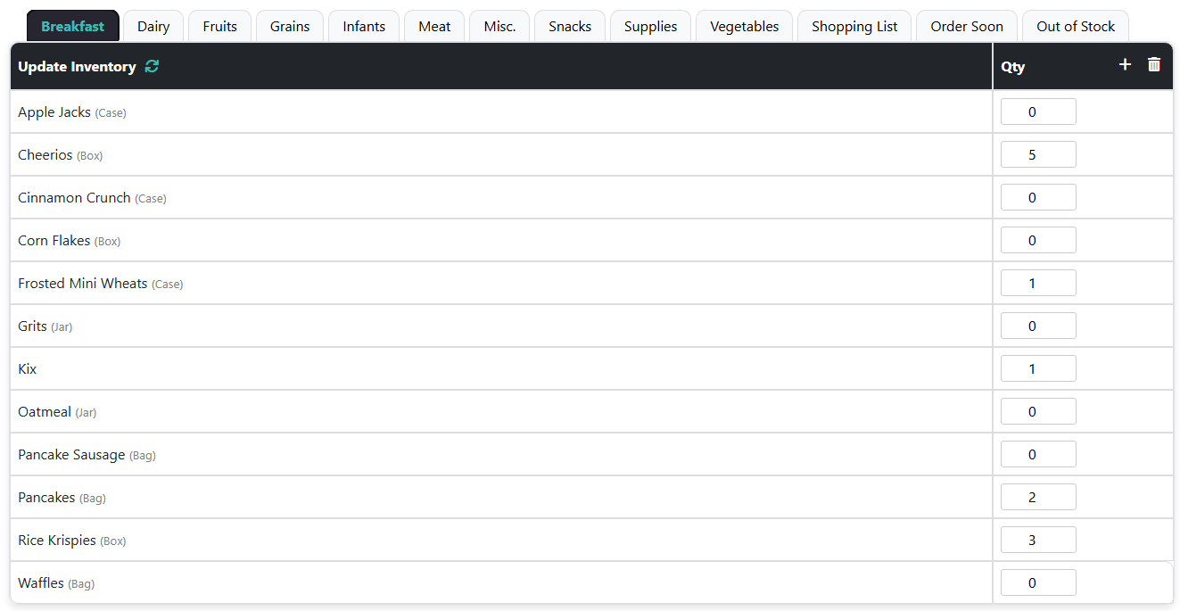 Inventory management screenshot